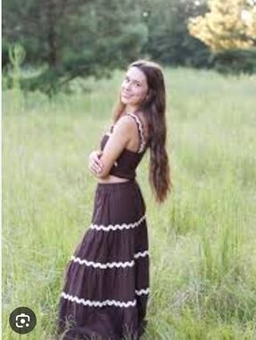 NWT Japna Dark Brown 2 Pieces Maxi Skirt with Crop Top With Cream Trim